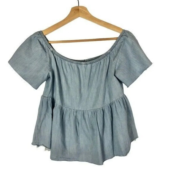 Zara Light Chambray Blue Off The Shoulder Short Sleeve Blouse S - Picture 2 of 4